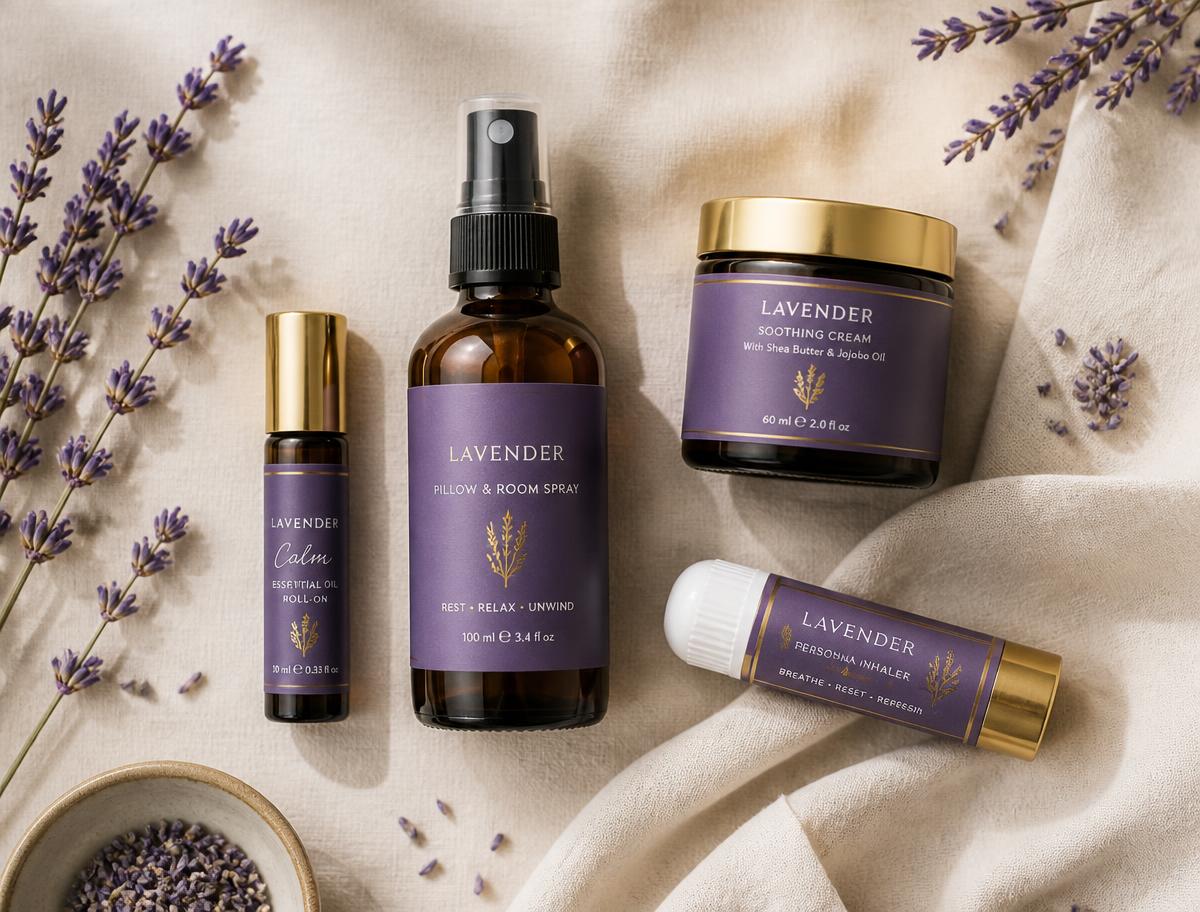 Roll-on, spray, creme e inalador pessoal com lavanda sobre tecido creme